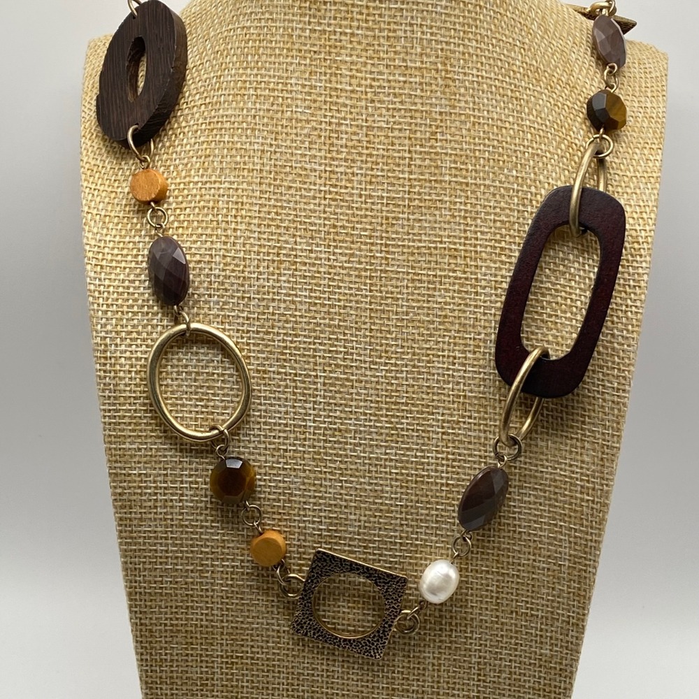 Lia Sophia Necklace Wood Mixed Metal Faux Pearls Boho Brown Gold Pearl 32"